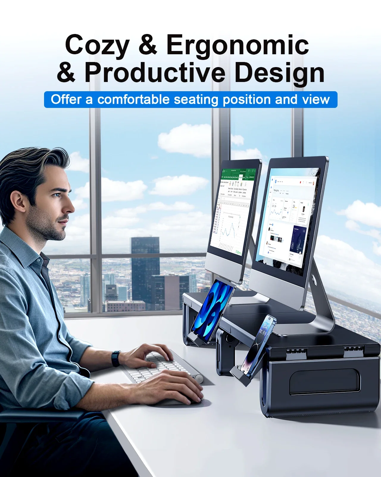 Eary Dual Monitor Stand Riser Length Adjustable Laptop Monitor Desktop Organizer Stand with Phone Tablet Holder for Home Office