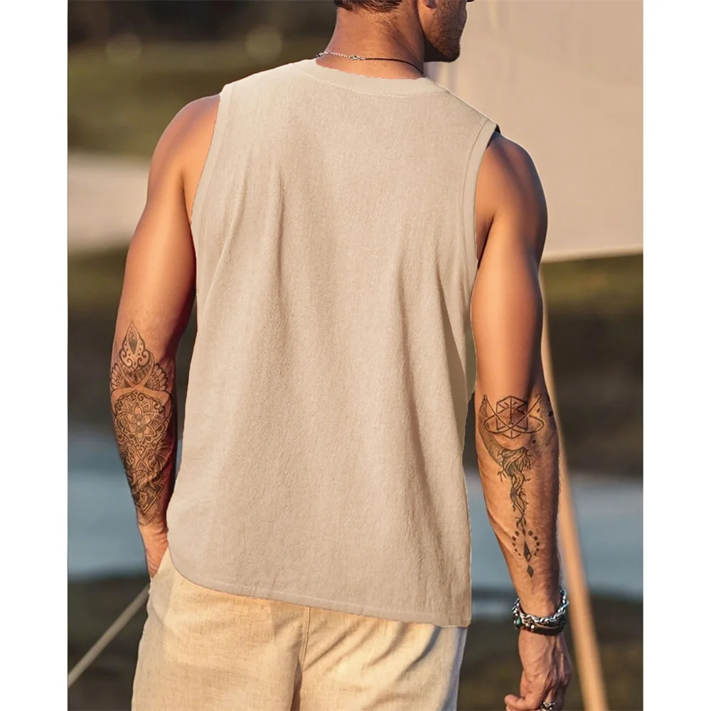 Cotton Linen Men's SleevelessT-shirt Vintage Lace Up V-neck Breathable Lightweight  Vest Basic Style Male Casual Tank Tops