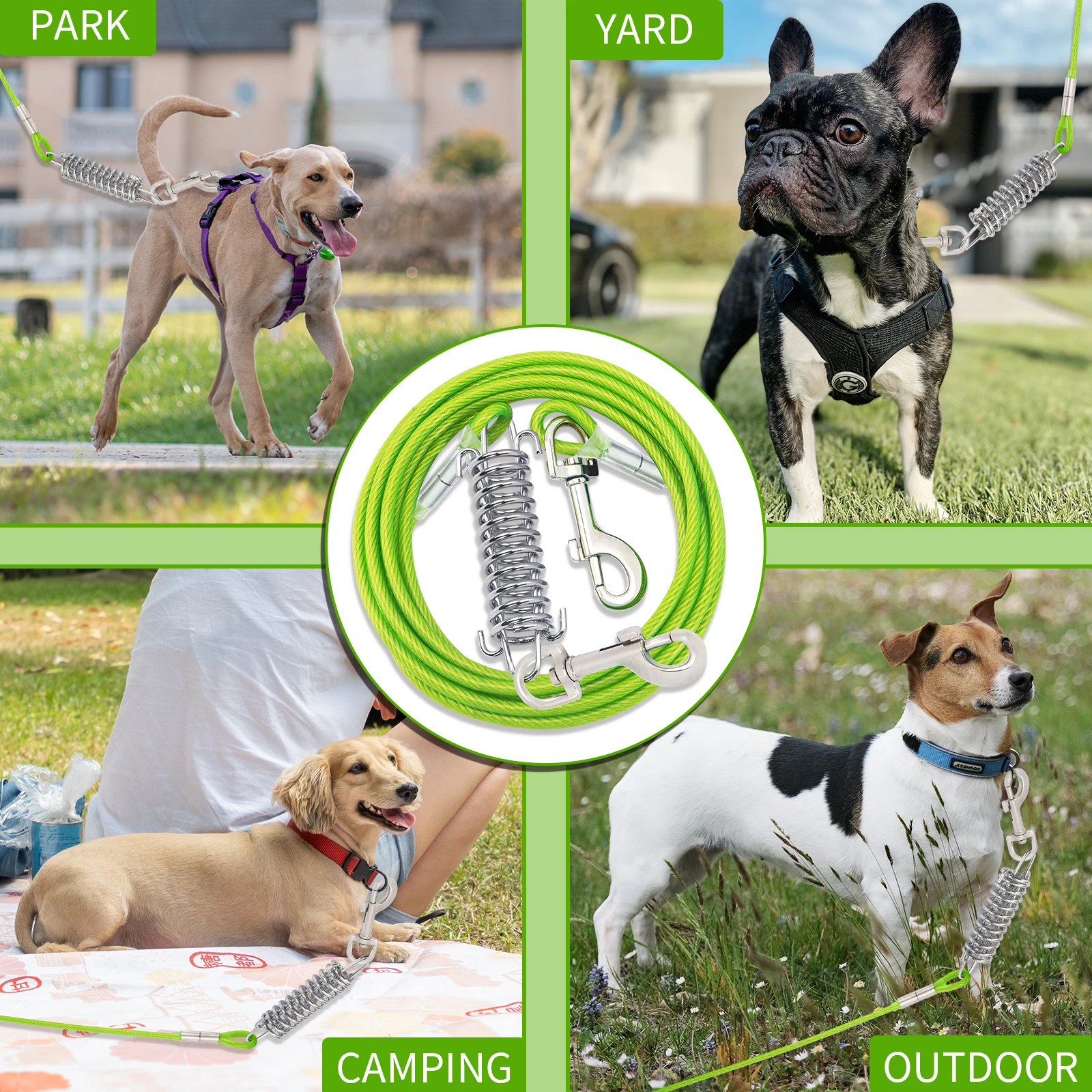 Tie Out Cable Dog Walking Training Glue coating Leashes Double Head Pet Wire Rope with Steel Buckle For Two Dogs Usage