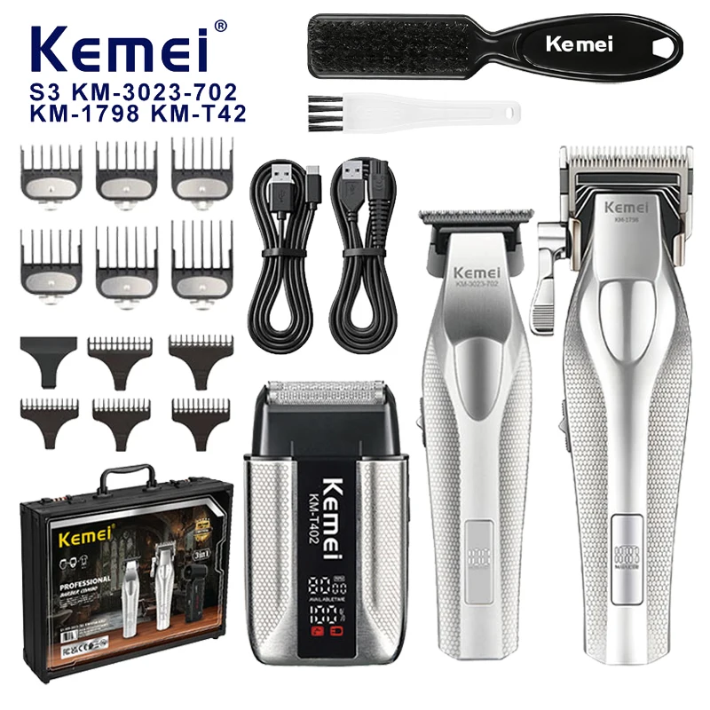 

Профессиональный набор для стрижки волос Kemei S3 1798 3023 T402 для мужчин, с DLC-лезвием, полностью металлический, с зарядной базой, триммер-бритва