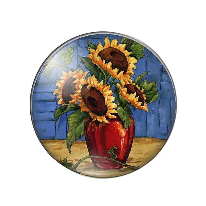 Art Sunflowers Vase Oil Paintings 10mm/12mm/18mm/20mm/25mm Round photo glass cabochon demo flat back Making findings