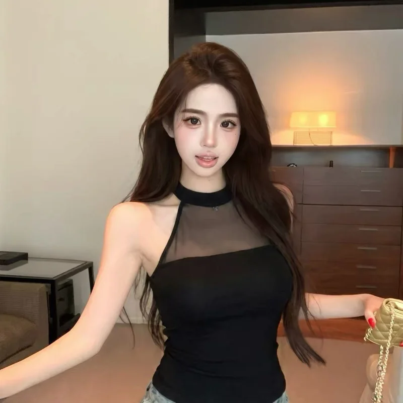 Pure Desire Sexy Mesh Splice High Collar Tube Top Women Slim Fit Shoulder Bared Top Polyester Casual Wear Regular Thickness