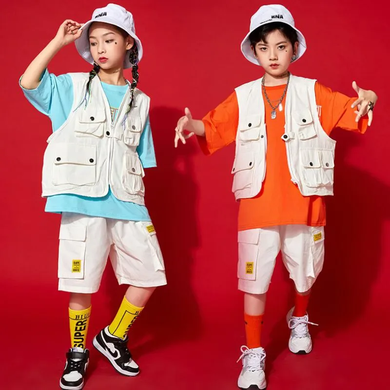 Summer Shorts for Girls Boys Jazz Dance Costume Clothes Kids Cool Hip Hop Clothing Sleeveless Jacket Vest Oversized T Shirt Tops