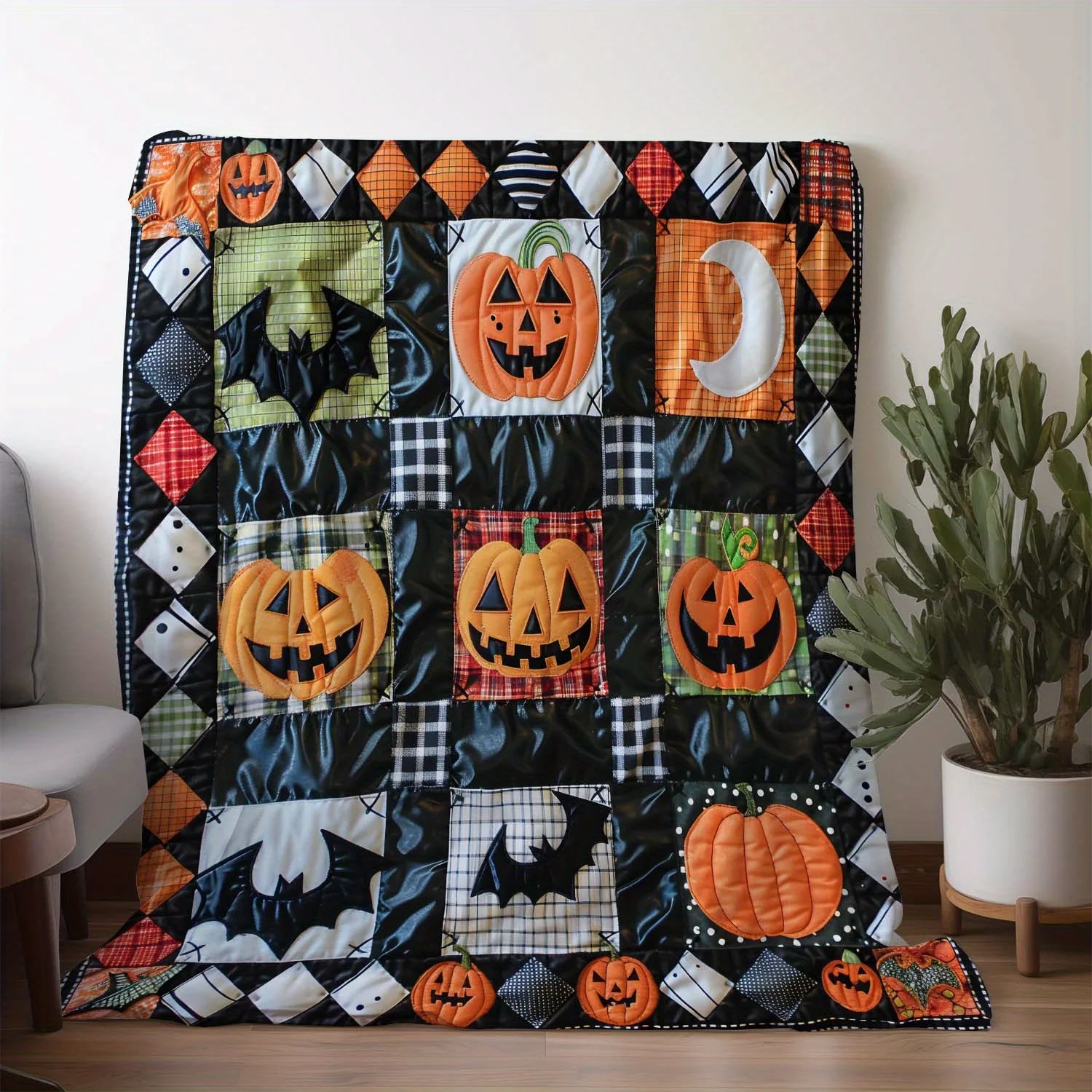 Halloween Plaid Flannel Blanket, Pumpkin Bat Moon Fall Leaf Pattern, Soft Warm Multi-use Throw for Sofa Bed Car Camping, Gift