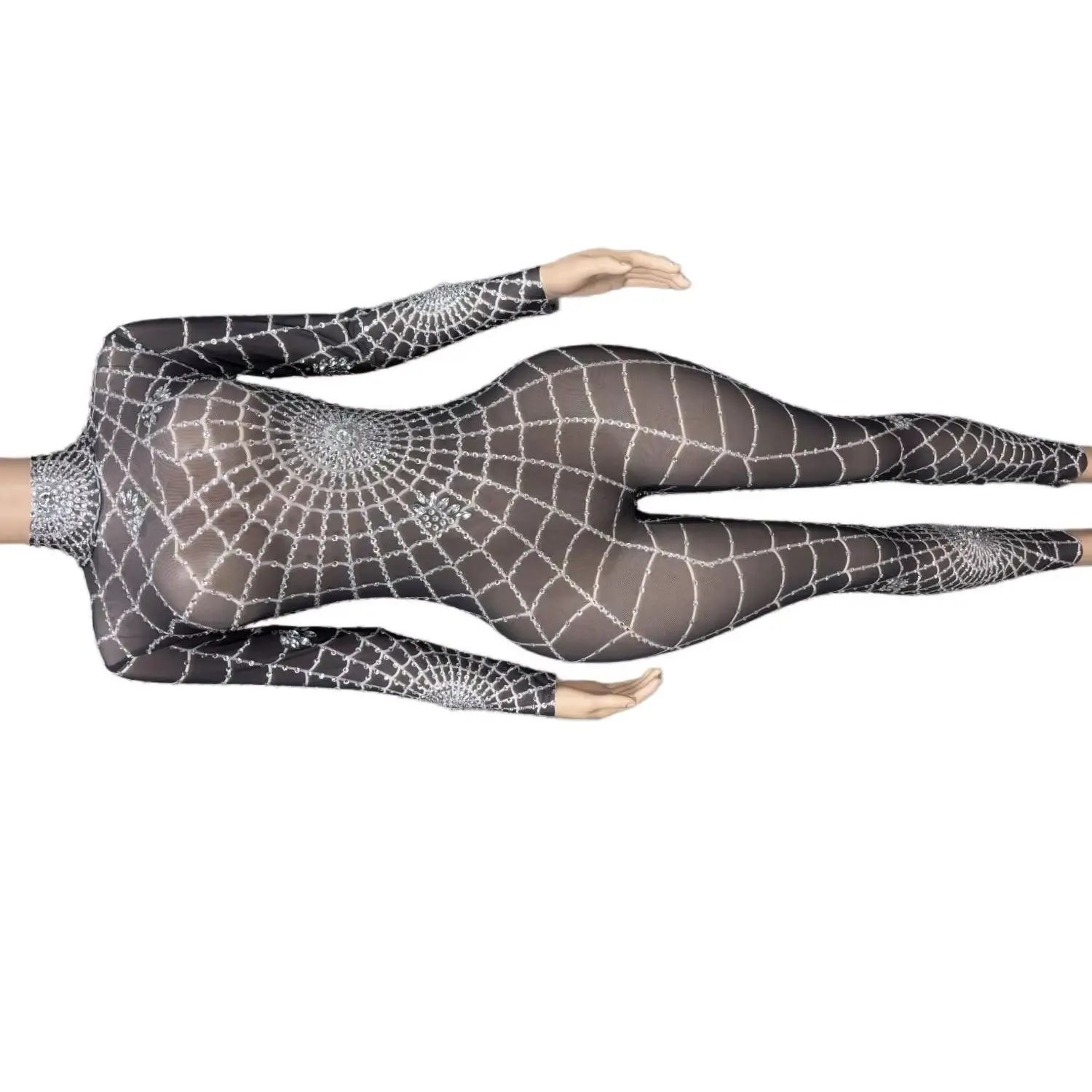 Sexy Women Spider Web Black Spandex Elastic Jumpsuit High-end Skinny Chic Stage Outfit Club Carnival Party Performance Costume