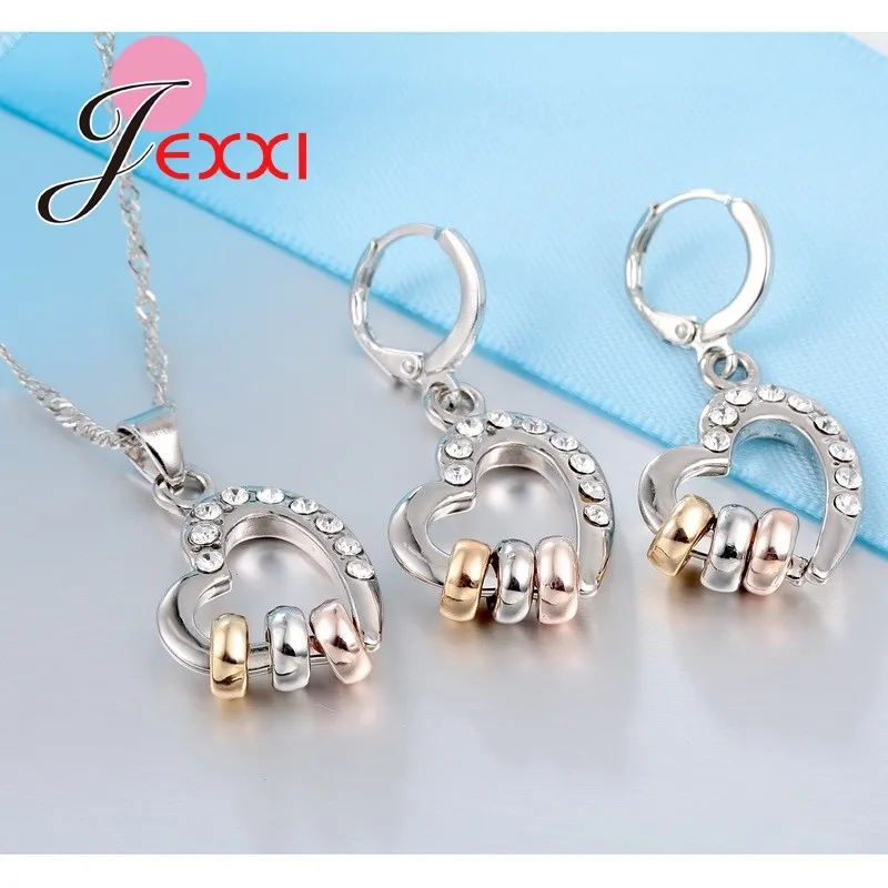 

New Fashion 925 Sterling Silver Chain Cubic Zirconia Stone Hollow Heart Pendant Necklace Earring Jewelry Sets Accessories