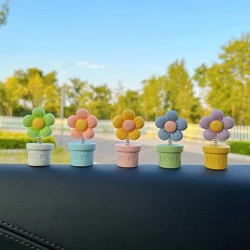 Cute Cartoon Dashboard Decoration Candy Color Flowerpot Car Shaking Spring Head Toy Creative Shaking Flower Pot Ornament