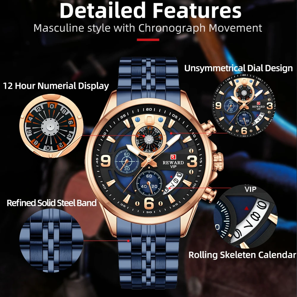 REWARD 81057M Luxury Steel Strip Quartz Men's Watch Waterproof Chronograph Luminous Calendar Watches for Men Relogios Masculino