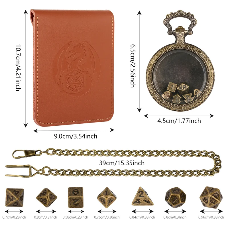 

7Pcs/set Mini Metal Polyhedral Dice with Leather Pouch Antique Clear Cover Pocket Watch Shell FOB Chain Tabletop Game Accessory