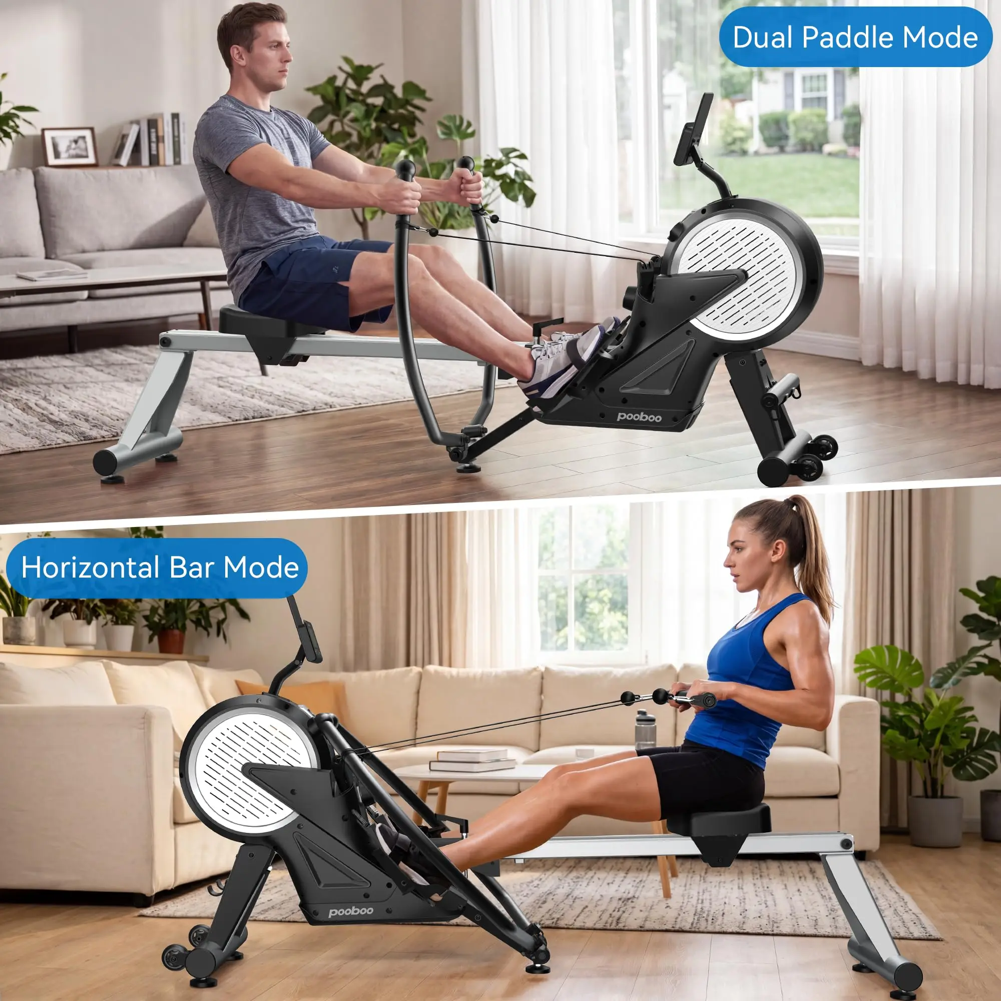 Dual Scull Rowing Machine with Wind and Magnetic Resistance