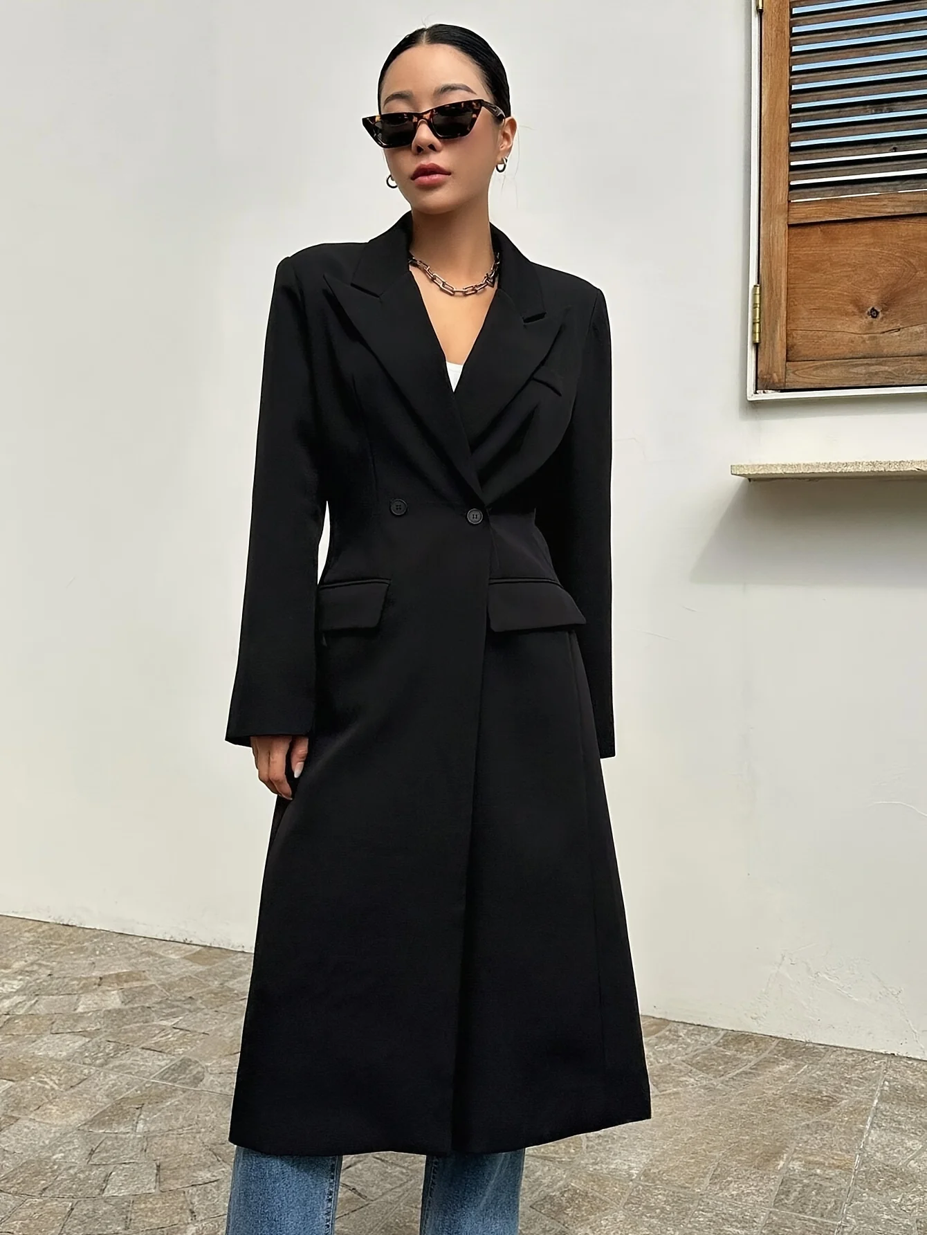 

Basic Style Solid Black Coats Spliced Pocket Lapel Collar Trench Coat Long Sleeve Casual Long Minimalist Office Clothing