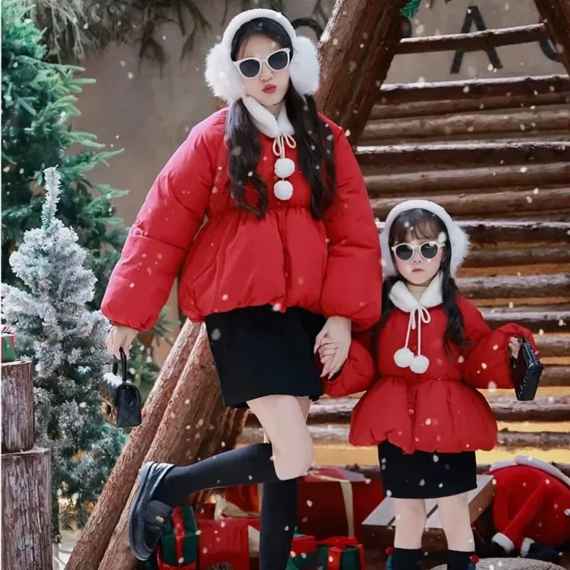 Christmas Mom and Baby Girl Same Red Coat New Year Mother Daughter Matching Quilted Jacket Mummy and Me Clothes for Parent-child