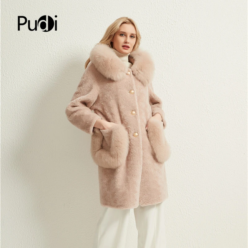 

Pudi Women Real Sheep Fur Coat Jacket Female Winter Warm Natural Fox Fur Collar Jackets Parka Trench H99178-A