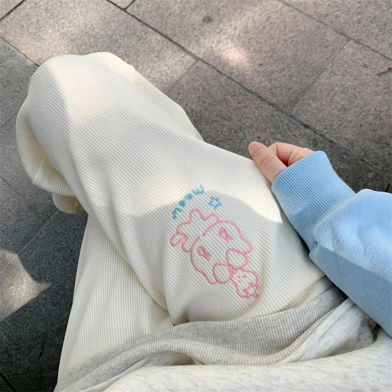 Harajuku Cute White Corduroy Pants Women Japanese Y2K Kawaii Sweet Wide Leg Trousers Embroidery Girly Fleece Sweatpants