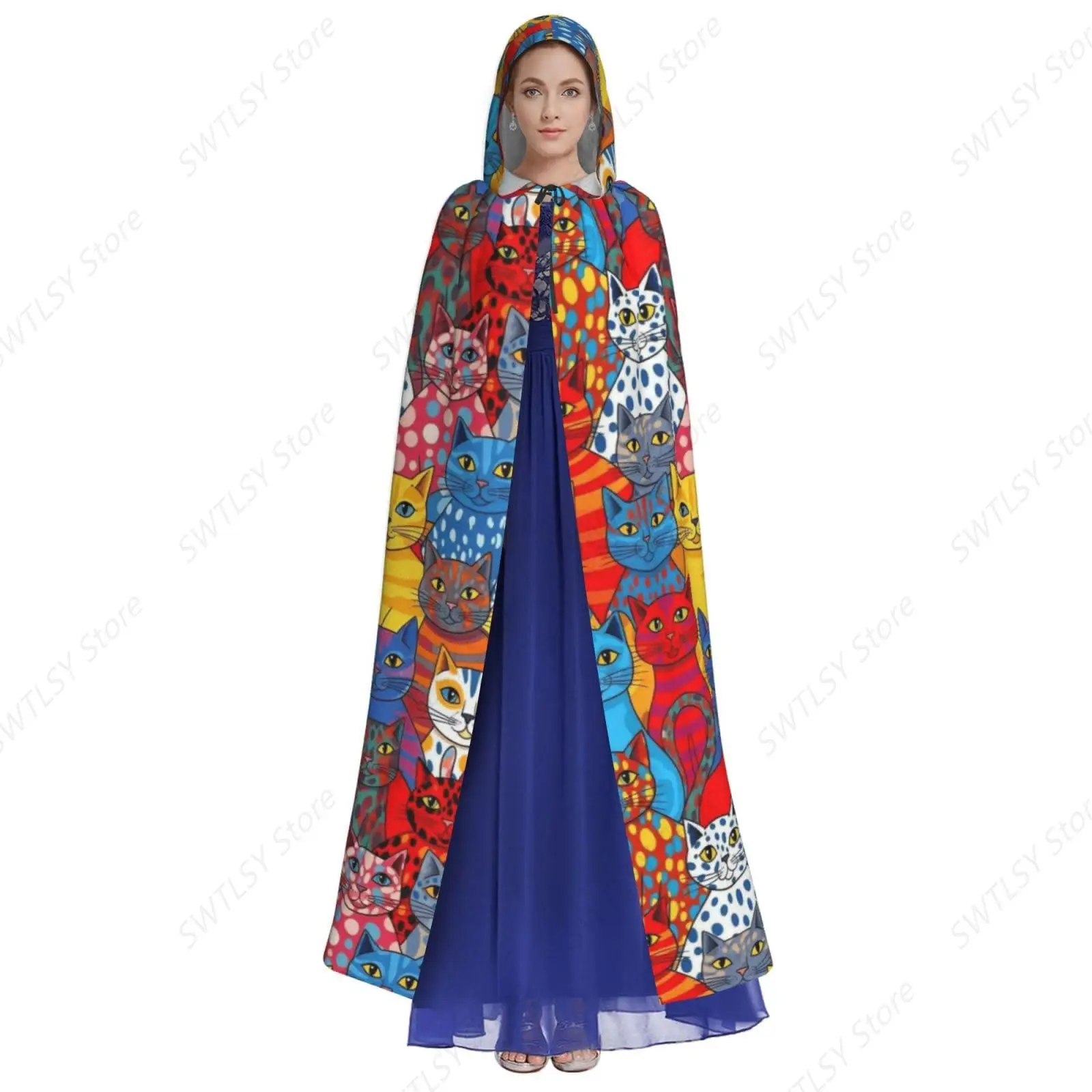 Wizard Cape Hooded Cloak Halloween Costume Compatible with Colorful Cats Painting for Women Men Cosplay Party
