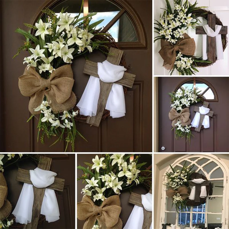 Corona di croce di Pasqua per porta d'ingresso o parete Fiore artificiale Fiocco di giglio Sciarpa di seta Ghirlanda religiosa Ghirlanda primaverile Decorazione pasquale