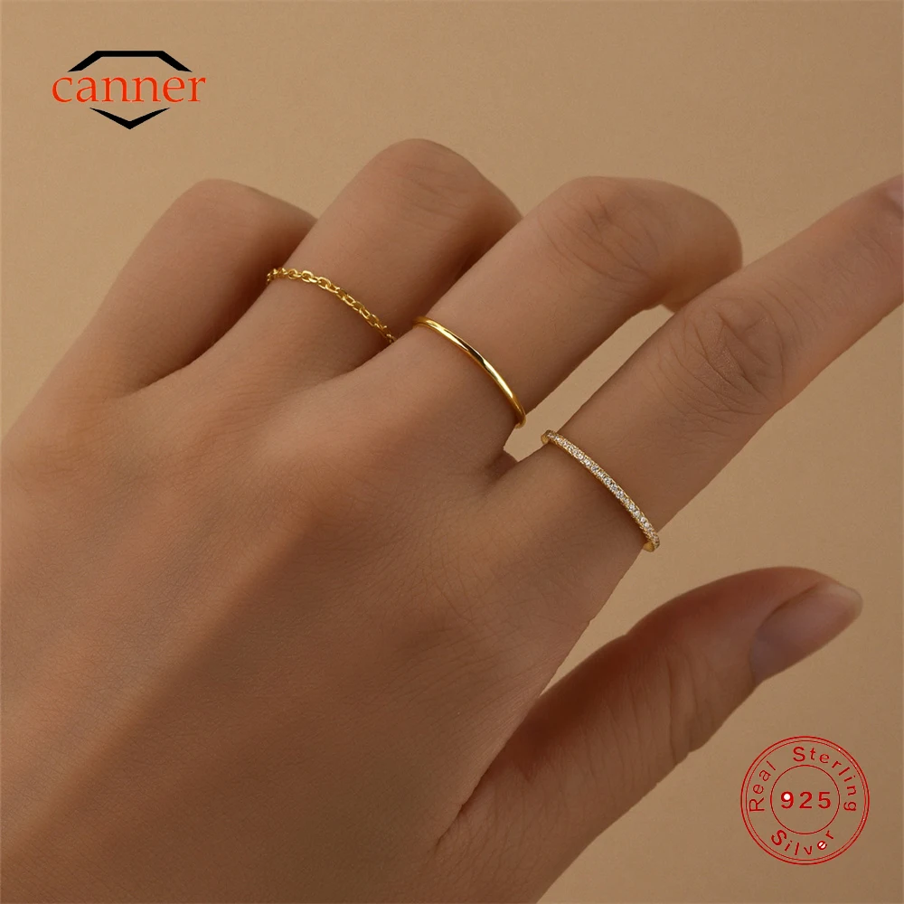 

CANNER 925 Sterling Silver 3PCS Set Simple Rings For Women Ins Minimalism Smooth Chain Rings Fine Jewelry Party Gift