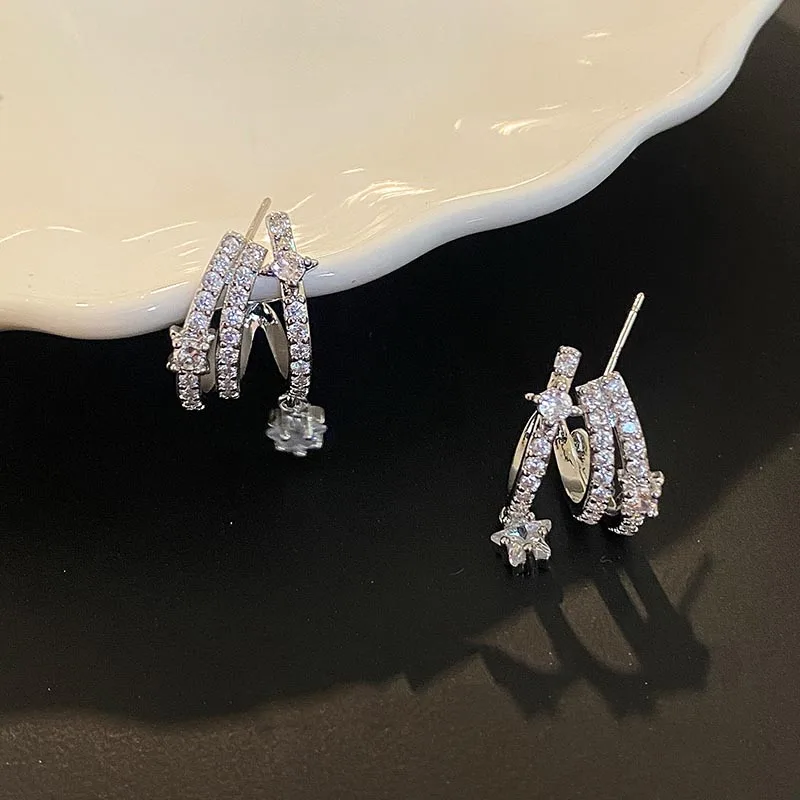 2026 Multi‑Layer Micro-Set Zircon Star Pendant Silver Color Stud Earrings for Women Luxury Trendy Jewelry Elegant Ear Accessory