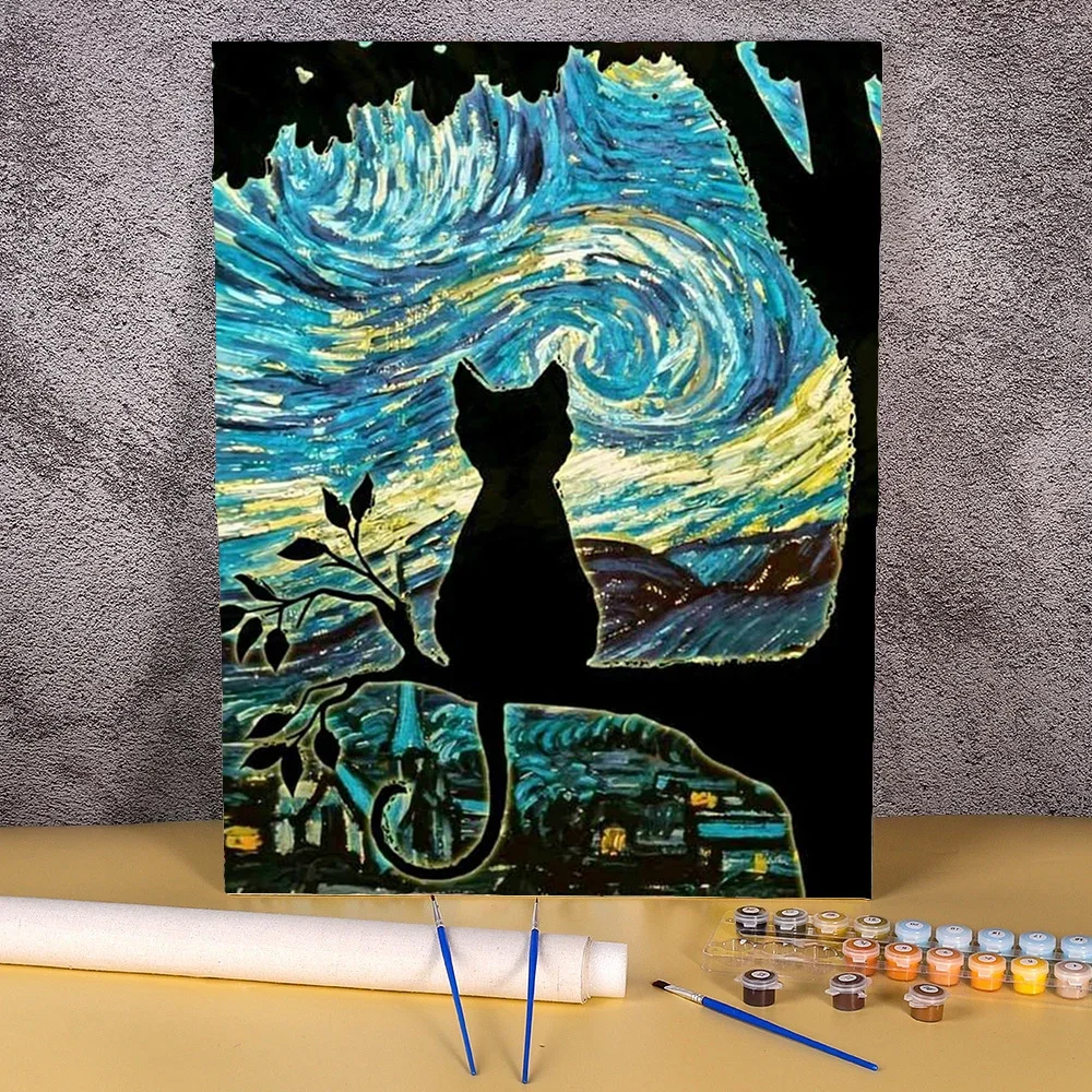 Malen nach Nummer für Anfänger abstrakte Katze handgemalte Ölgemälde auf Leinwand Sternen himmel Pintura Wand kunst Bilder sprache Politik