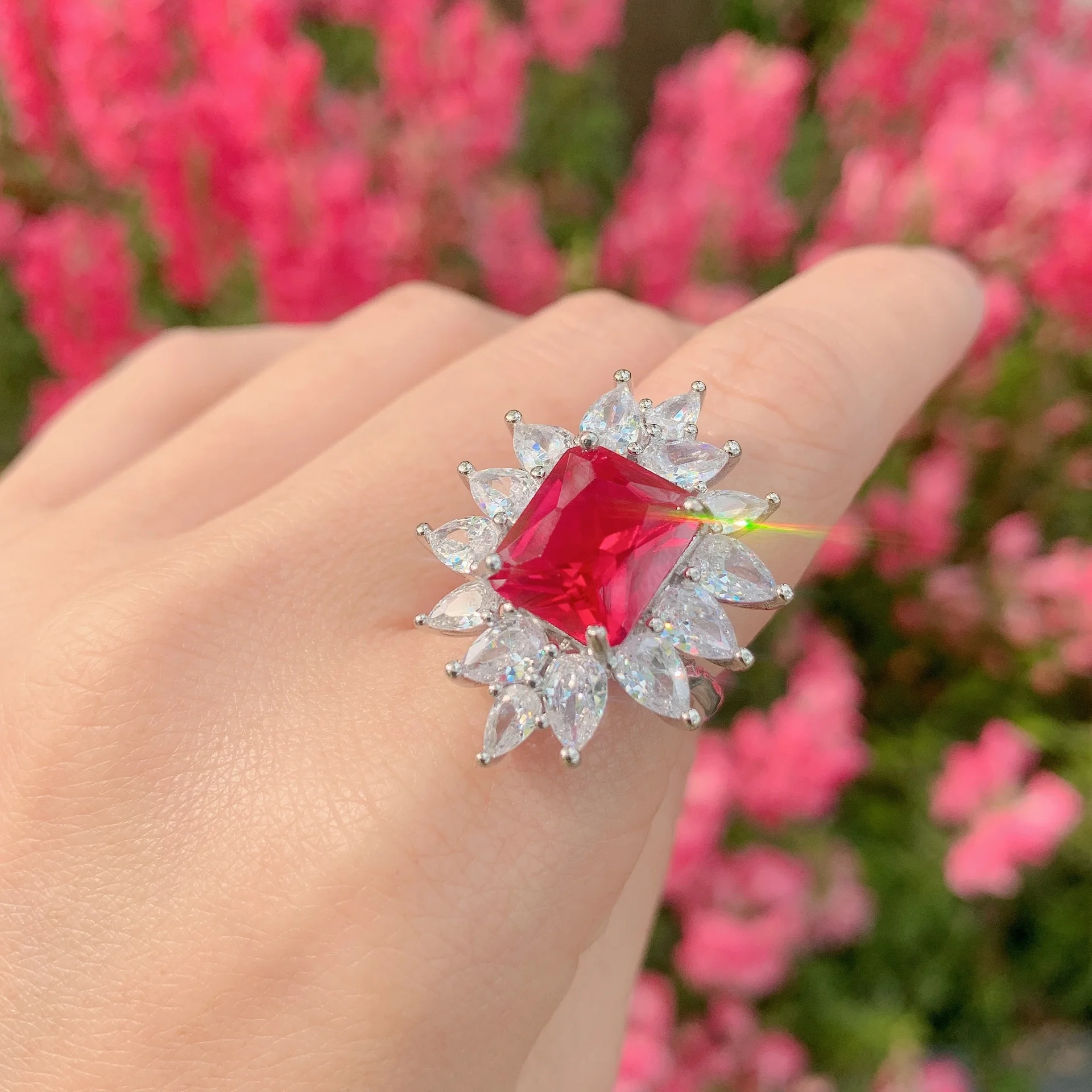 Luxury brand genuine real jewels Ring female imitation pigeon blood red treasure with diamond lady ring main stone 10 * 12 high