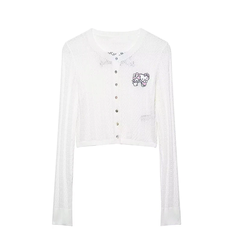 

Hello Kitty & My Melody Women's Cropped Knit Cardigan White Long Sleeve Sheer Sweater, Sanrio Print Lightweight Summer Cover-Up