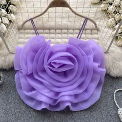 Sweet Big Organza Flower Camisole Girls Stretchy Back Slim Above Navel Camis Crop Top Fashion Summer Clothing