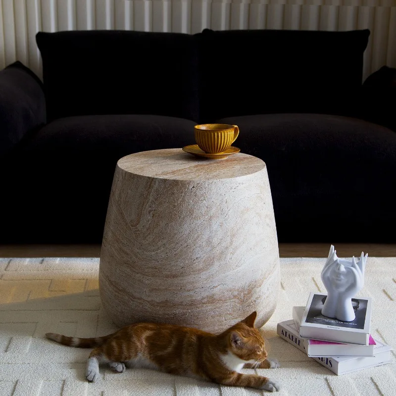 Magnesium Oxide Composite End Table for Living Room & Bedroom, Vintage Indoor Accent Table with Natural Stone Texture