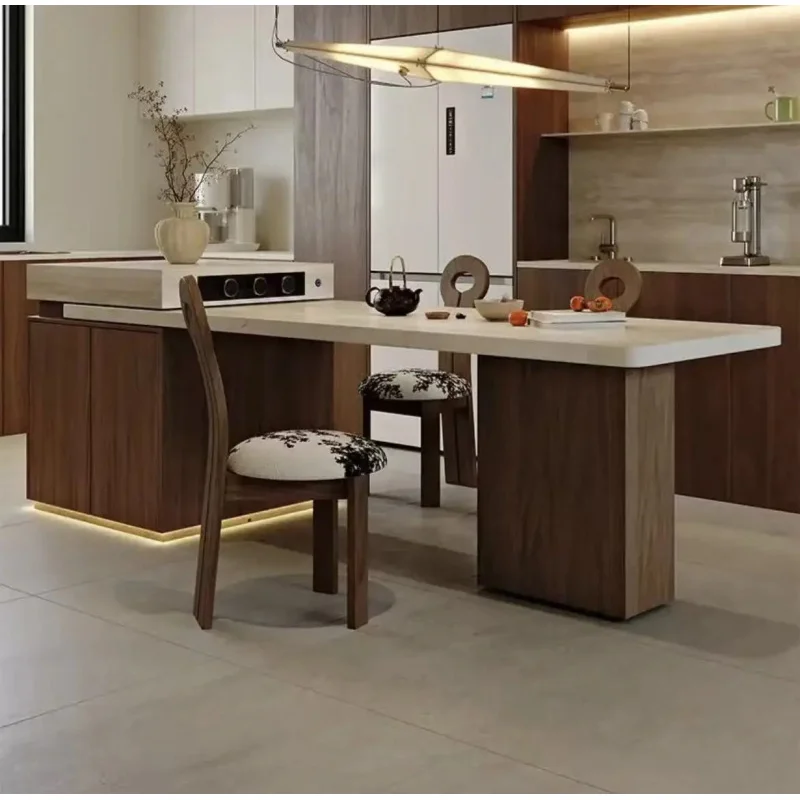 custom.French Modern Wind Cave Rock Plate Multifunctional Induction Cooker Foldable Solid Wood Telescopic Island Table Customize