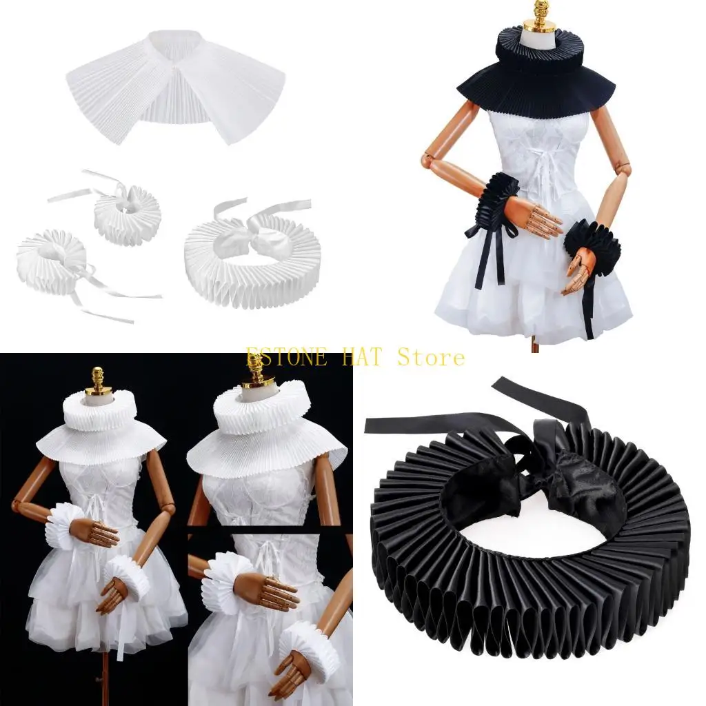 

49MF Accordion Ruff False Collar Set Comfortable Polyester Neck Wrap Cosplay Costume