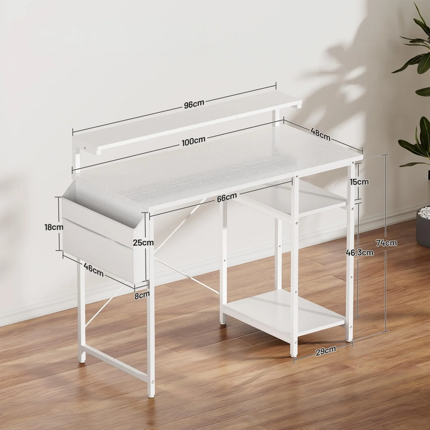 100/120cm Bürotisch, Computertisch mit LED und Monitorständer, 2 Ablagen und Aufbewahrungstasche PC-Tisch für Studium und Schlafzimmer – Detail 6
