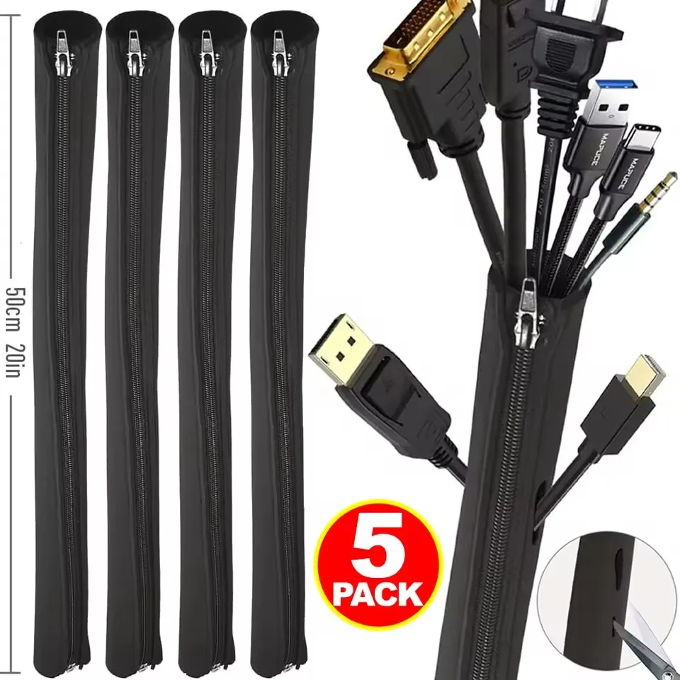 1-5Pcs Zipper Cable Management Sleeves Cable Storage Covers with Zipper Wire Wrap for TV Computer Office Hider Cable Protectors