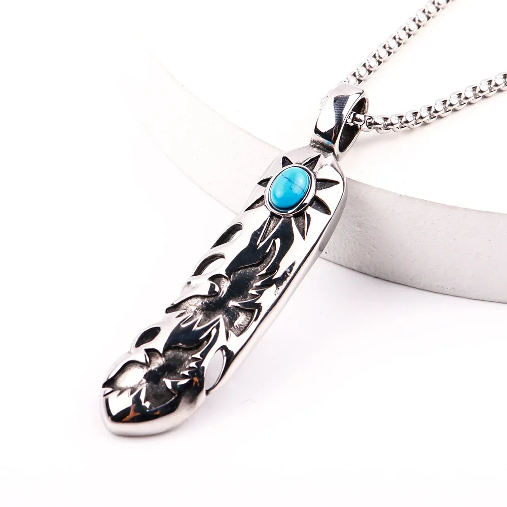 

Fahionable and Minimalit Peronalized Feather tainle teel Pendant Men' Necklace with Turquoie Inlay Chains
