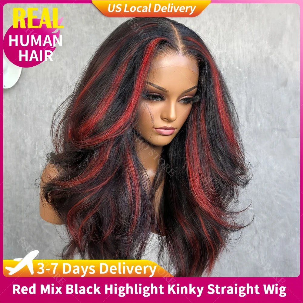 

Ультраоблегающий парик с прямой текстурой и черным цветом с красным кружевным фронтом, с мелированием, ультракомфортный, 13x4, с ультратонким кружевом 0.10 мм, 5x5