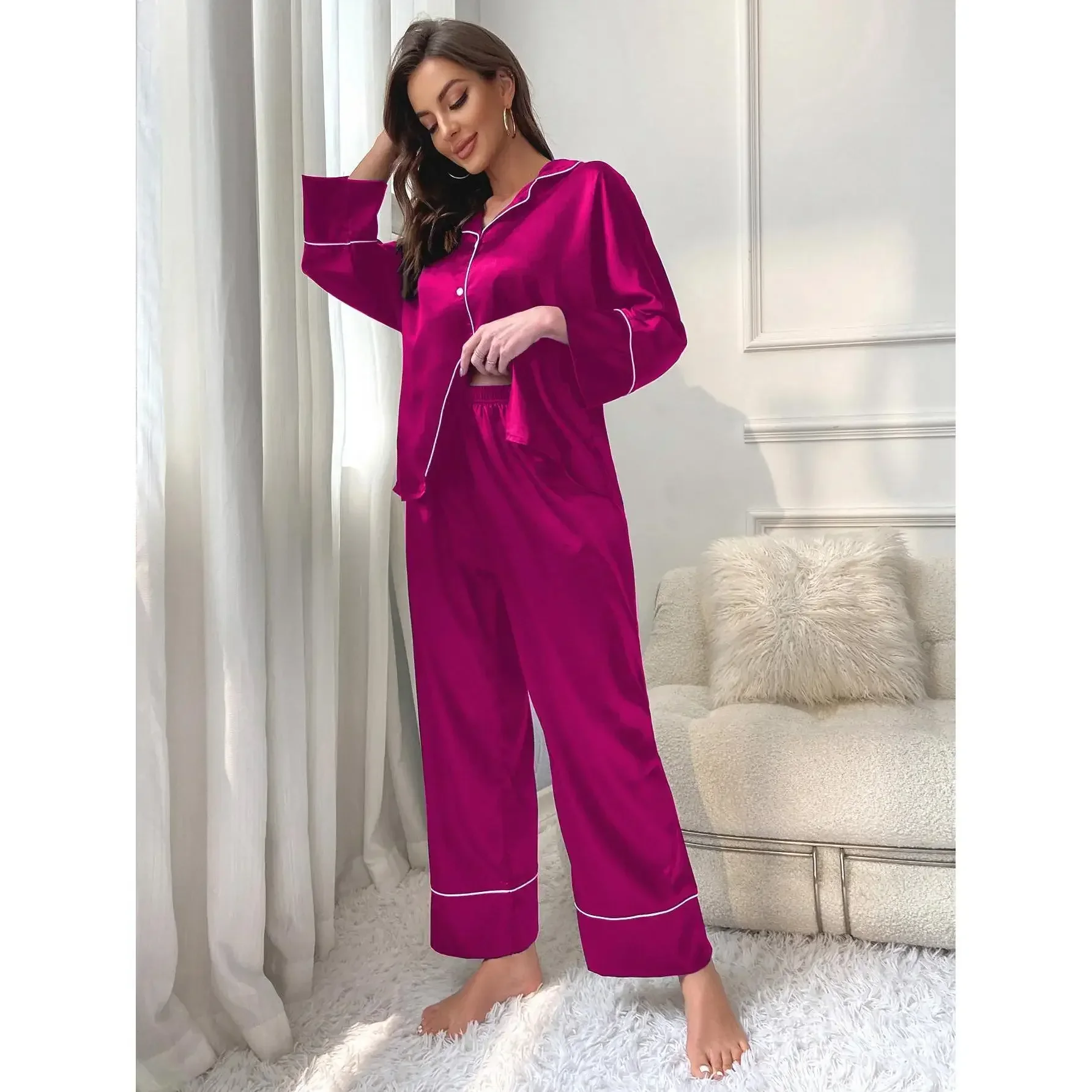 Silk Satin Women‘s Pajamas Set Notched Collar Top & Wide Leg Long Pants 2 Pieces Sleepwear Female Loungewear Like Leisure Suit