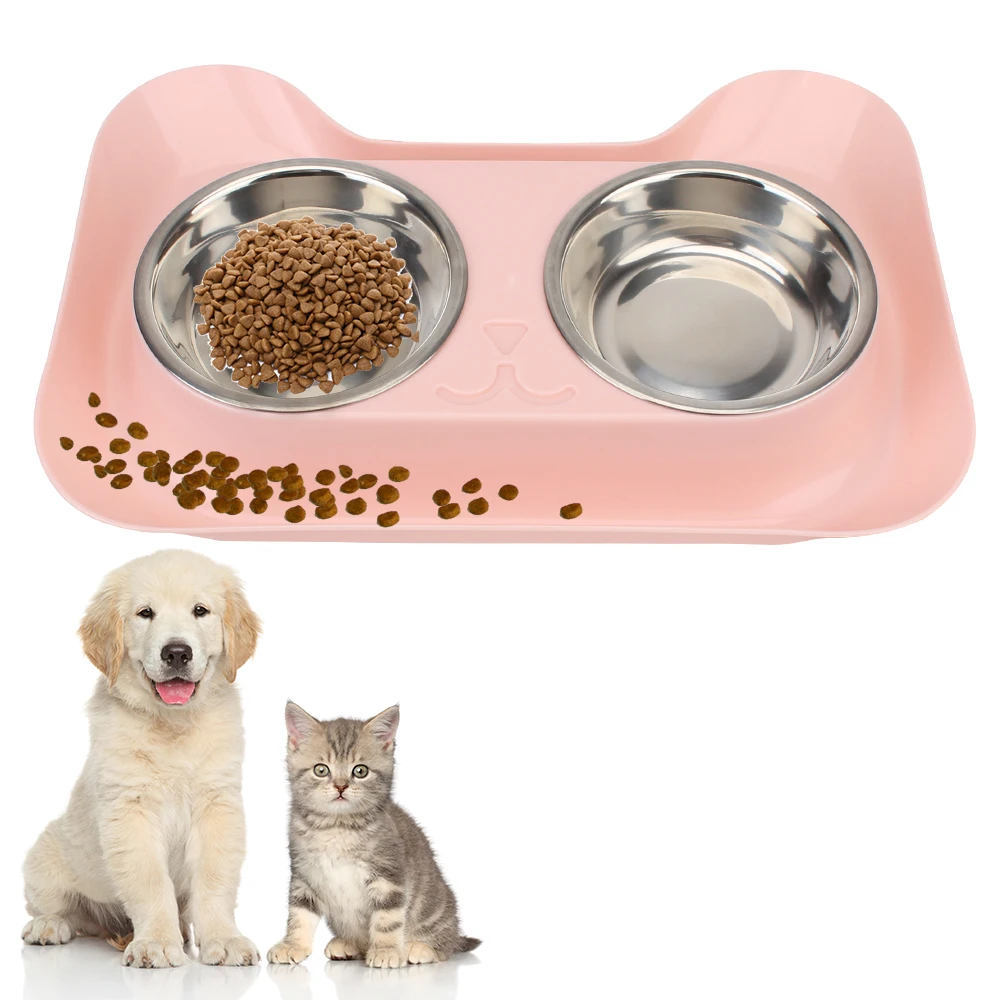 Dog Cat Food Container tray Cat Feeding No Spill Double Stainless Steel Dish Pet Product Leakproof Pet Drinking Bowl Food Feeder