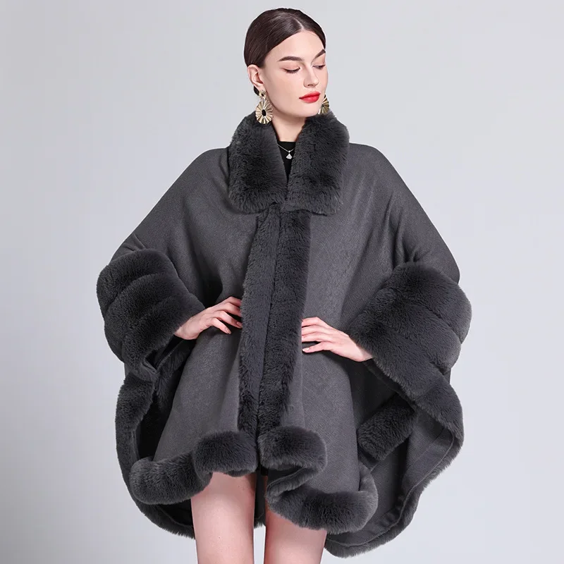 

8 Colors 2023 Autumn Winter Three Circles Faux Fur Poncho Cloak Turn-down Neck Big Pendulum Loose Cape Out Streetwear Long Coat