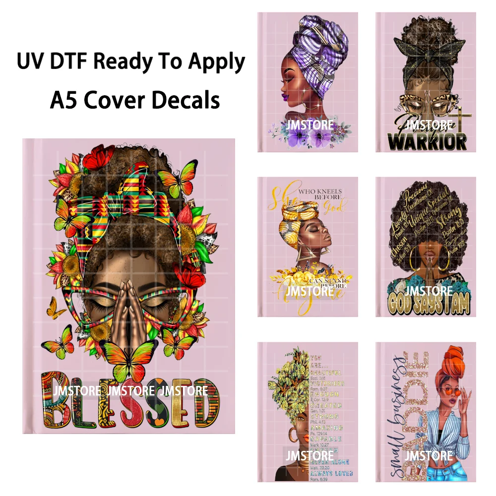Inspirational Christian Faith Black Women UV DTF Notebook Cover Decals Ready To Apply Transfer Stickers For A5 Journal Cover