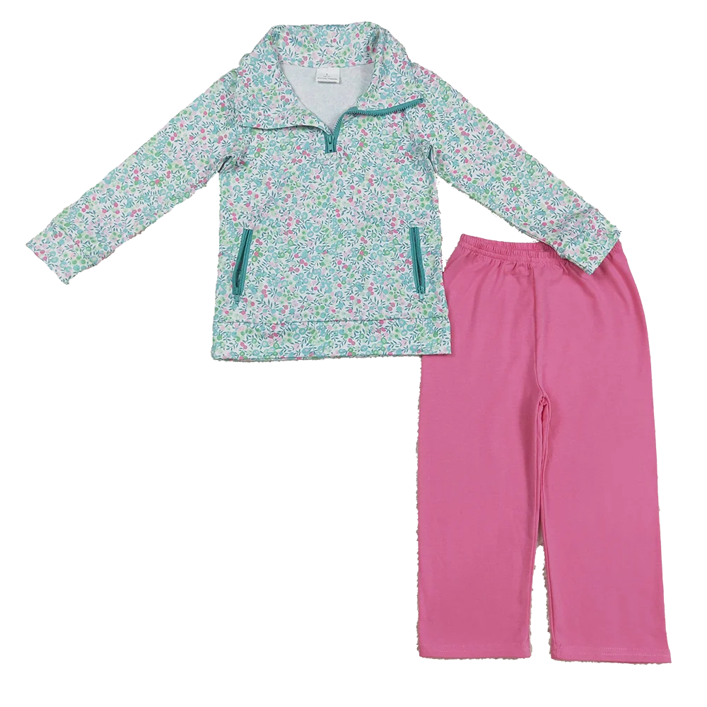 

9.17 Autumn Wholesale Western Boutique children Baby Girls Long Sleeves Green Floral Pockets Zipper Top Pink Pants Sets