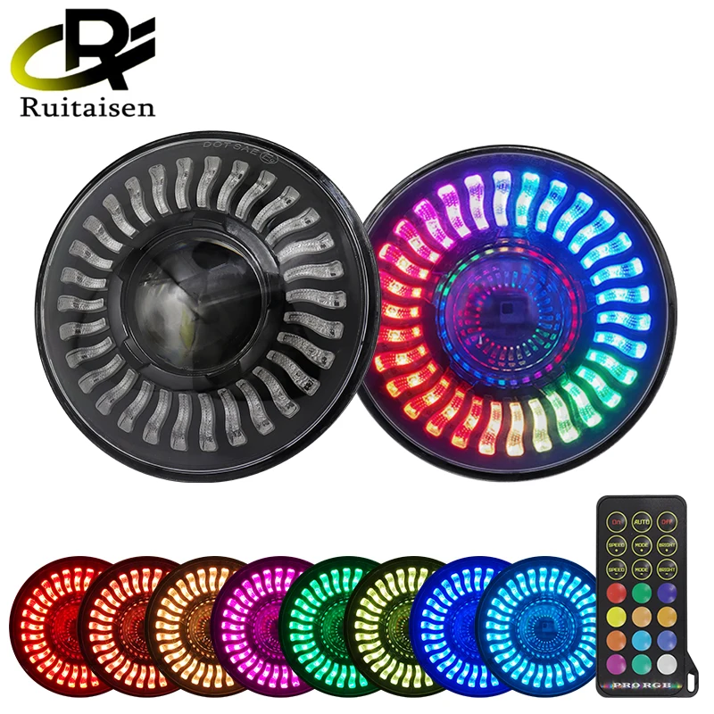 7 inch RGB Led Headlight Remote Control for Offroad Jeep Lada 4x4 Niva UAZ Wrangler H4 Hi Low Beam RGB 90W 12V 32V Round 2PCS