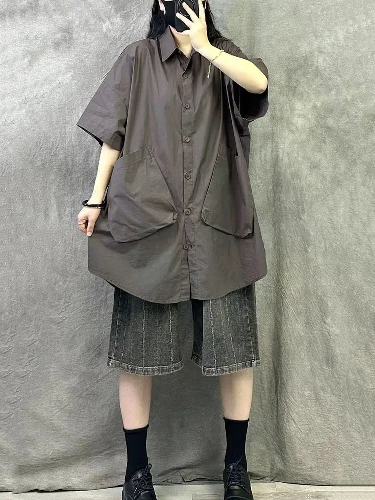 Amax LuluE 韓国夏の女性のファッションビッグサイズシャツレディースクラシックヴィンテージブラウスルーズカジュアルロングトップス Soild 綿の服