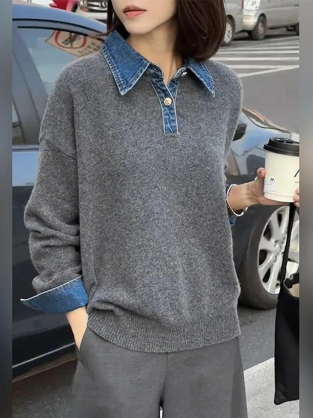 

Korean Color Blo Denim Collar Knitted Sweater Women's Loose Slimming Spring New Sle Faion Design Casual Comfortable Top