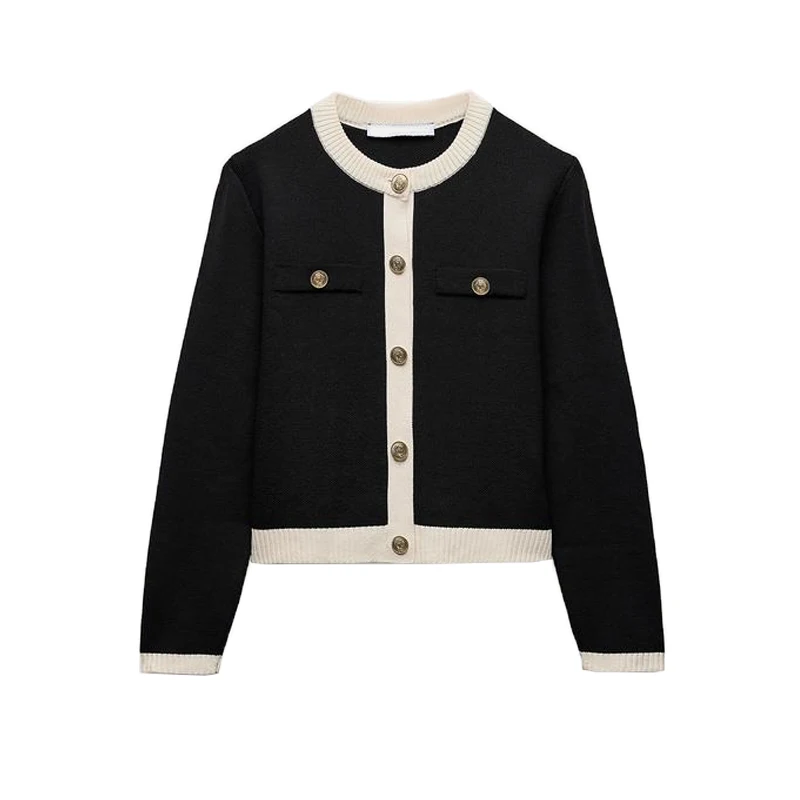 Primavera nova chegada feminina de malha longa sve redonda ne outerwear botão ouro design fibra poliéster casual doce sle