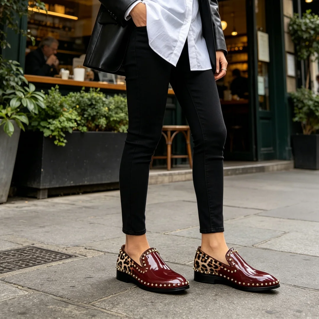 

Мужские лоферы с квадратным носком, золотыми заклепками, из лакированной кожи с леопардовым принтом, бордовые, винно-красные, деловые туфли в дизайнерском стиле