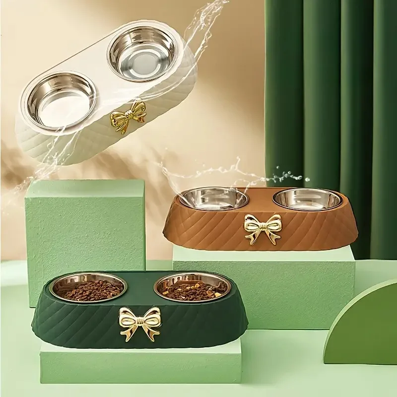 

New High-end Bow Anti Knock Pet Cat and Dog Food Bowl Stainless Steel Pet Bowl Feeder