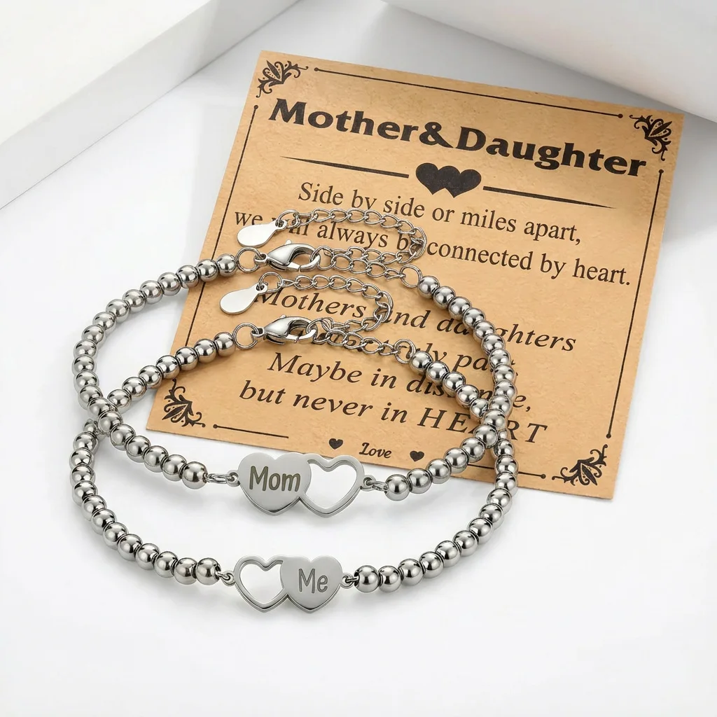 Natural Stone Jewelry Gifts for Mother’s Day Mom and Daughter Matching Bracelets Love Heart Natural Stone Beaded Bracelet Set