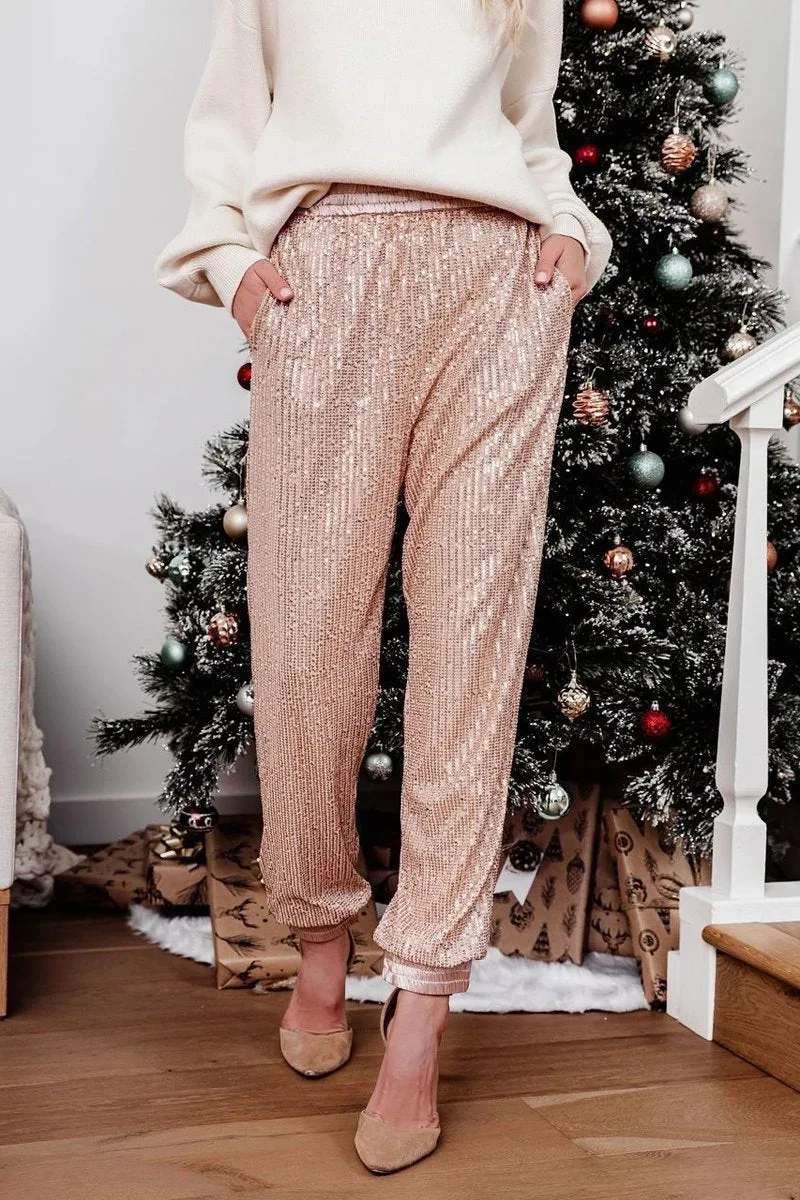 Women's Fall Sequin Splice Long Pants,Rubber Band Trouser Leg，Inner Lining with Pockets Elastic-waist Lace-up Trousers Y2k Pants