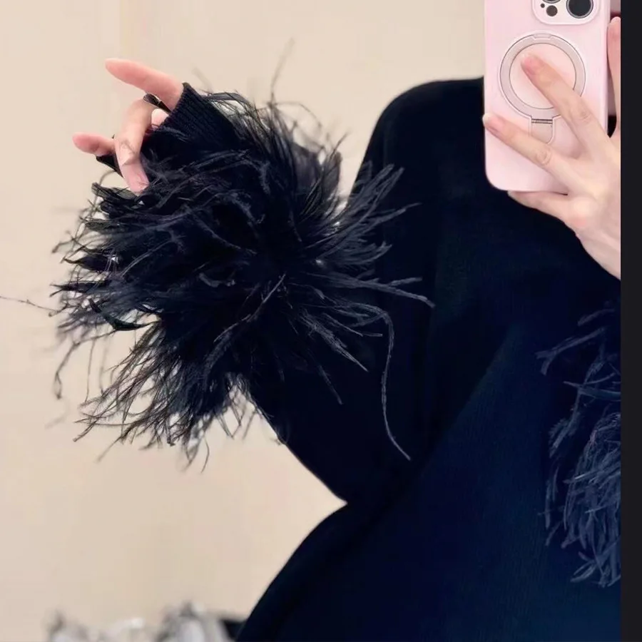 سترة سوداء المرأة ريش النعام كم طويل رقبة مستديرة بلوفر مغزول قمة الخريف الحلو