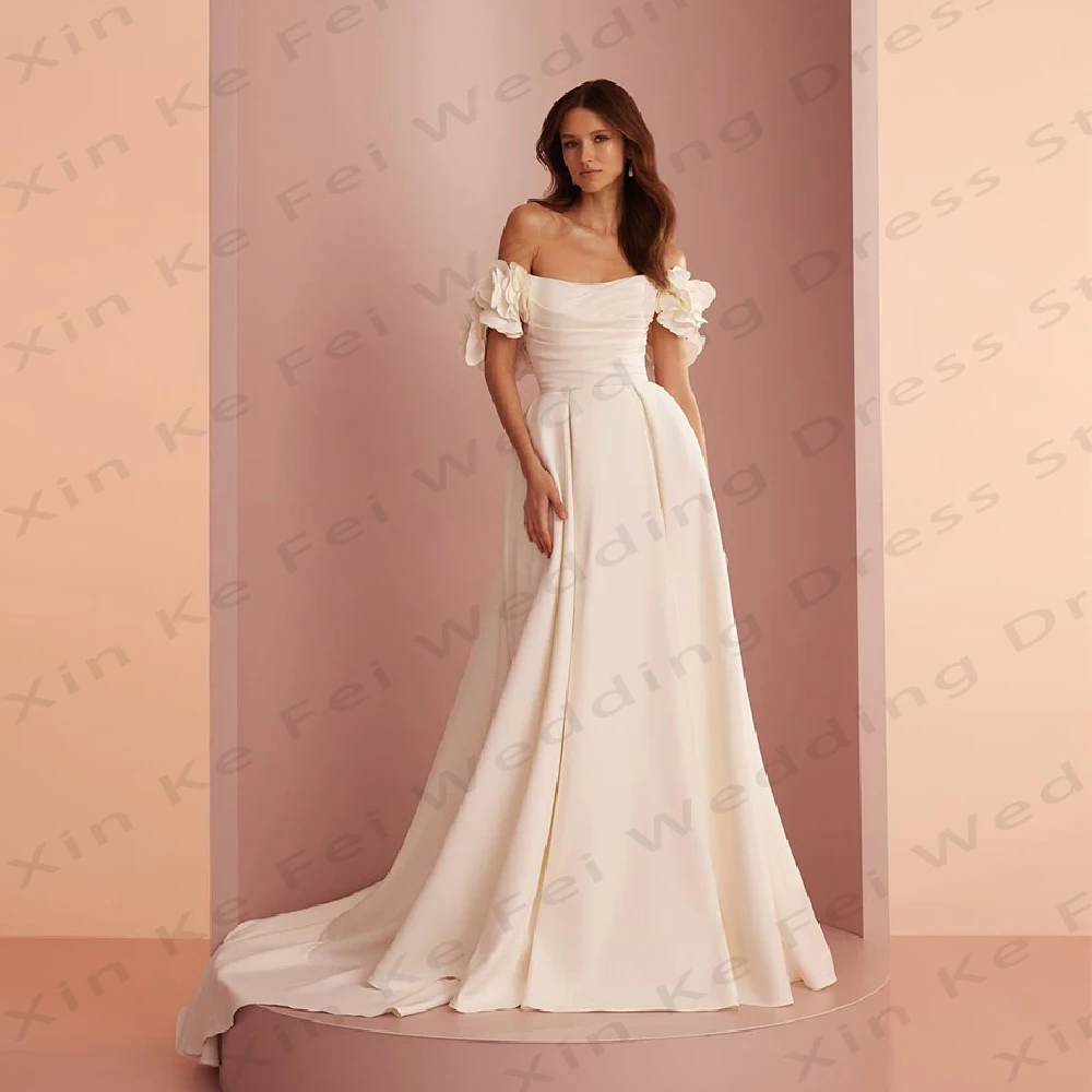 2024 eleganti abiti da sposa da donna a-line Sexy Off spalla in raso pieghettato principessa Prom abito da sposa formale Beach Party Robe