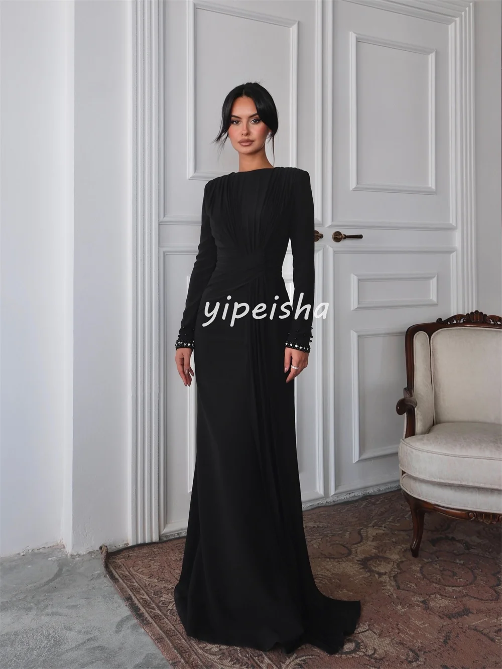 Customized Matching Jersey Pearl Rhinestone A-line High Collar Long Dresses Bespoke Occasion Dresses Exquisite High Quality
