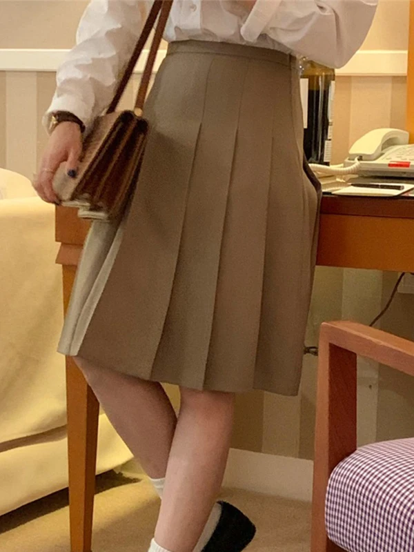 Kaki Hoge Taille A-lijn Plooirok Dames Lente Zomer Nieuwe Sle Afslankende Midi Rok Woon-werkverkeer Sle Faionable